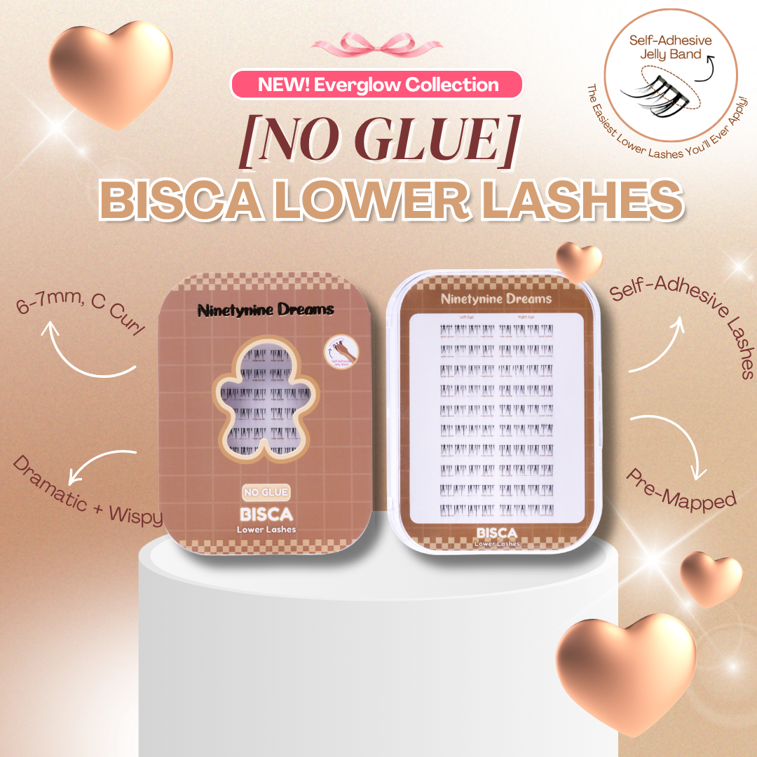 Features and benefits of No Glue Bisca Lower Lashes including self-adhesive technology, lightweight comfort, and reusable wear