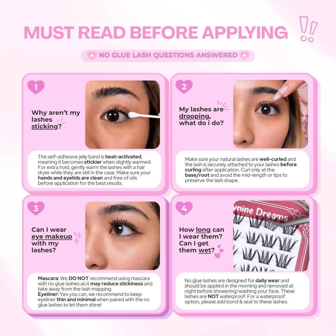Important application tips for self-adhesive no glue lashes, including placement and handling recommendations.