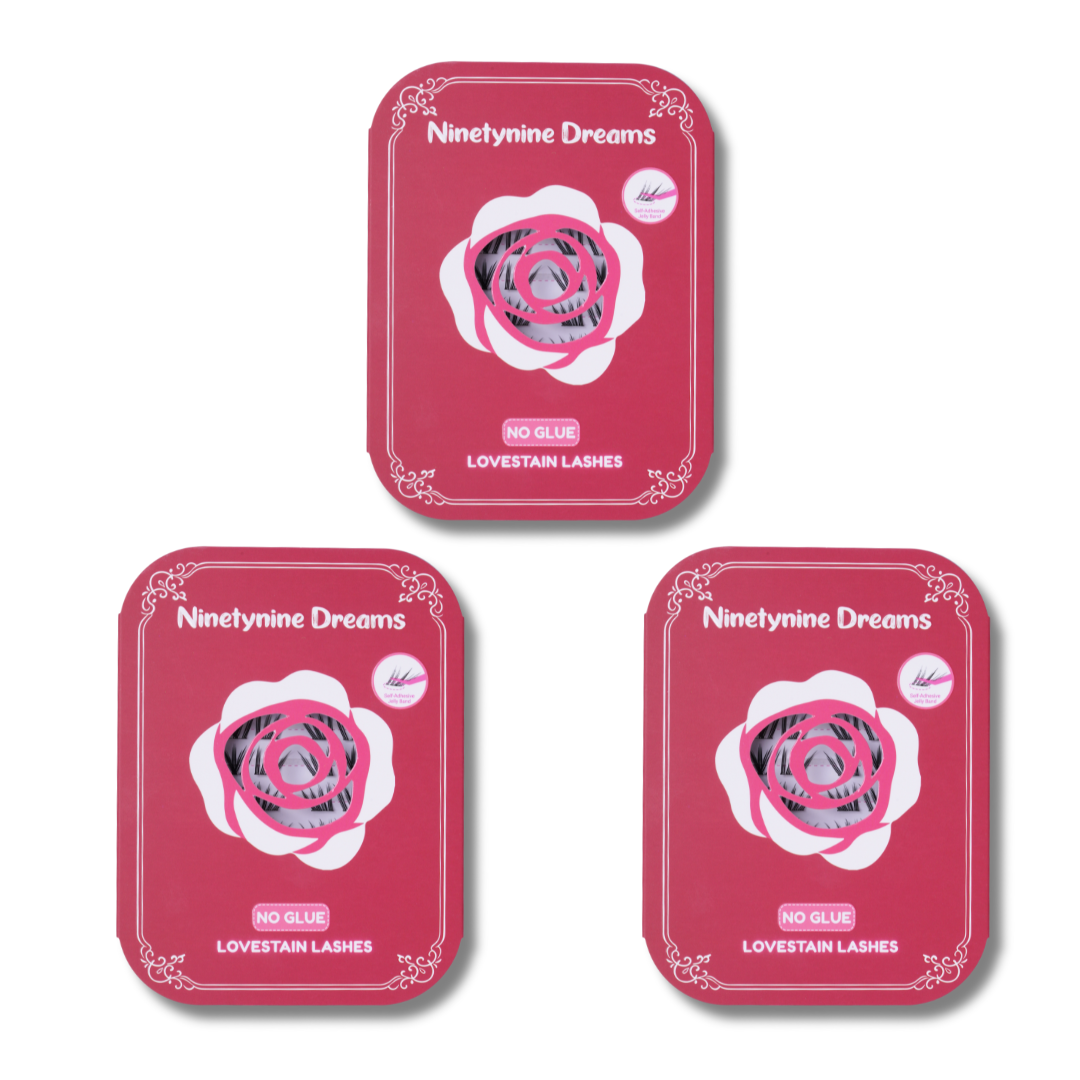 Three-pack bundle of [NO GLUE] Lovestain self-adhesive cluster lashes.