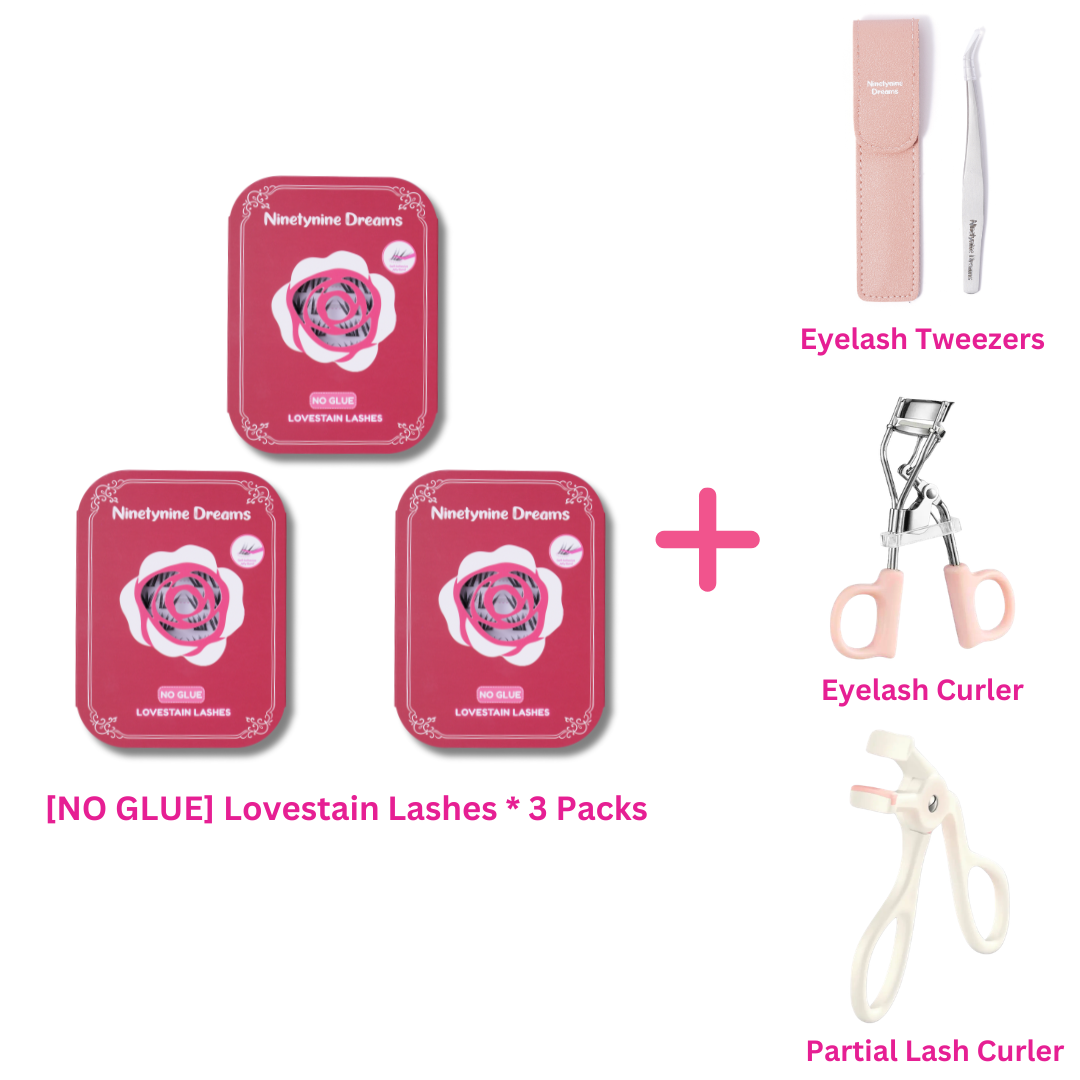 Three-pack bundle of [NO GLUE] Lovestain self-adhesive cluster lashes with eyelash tweezers, an eyelash curler, and a partial eyelash curler.