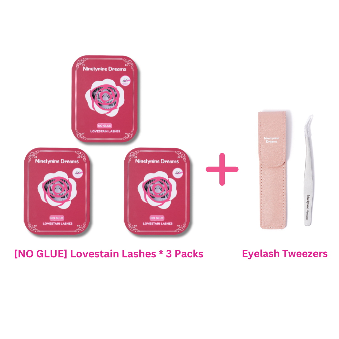 Three-pack bundle of [NO GLUE] Lovestain self-adhesive cluster lashes with precision eyelash tweezers.