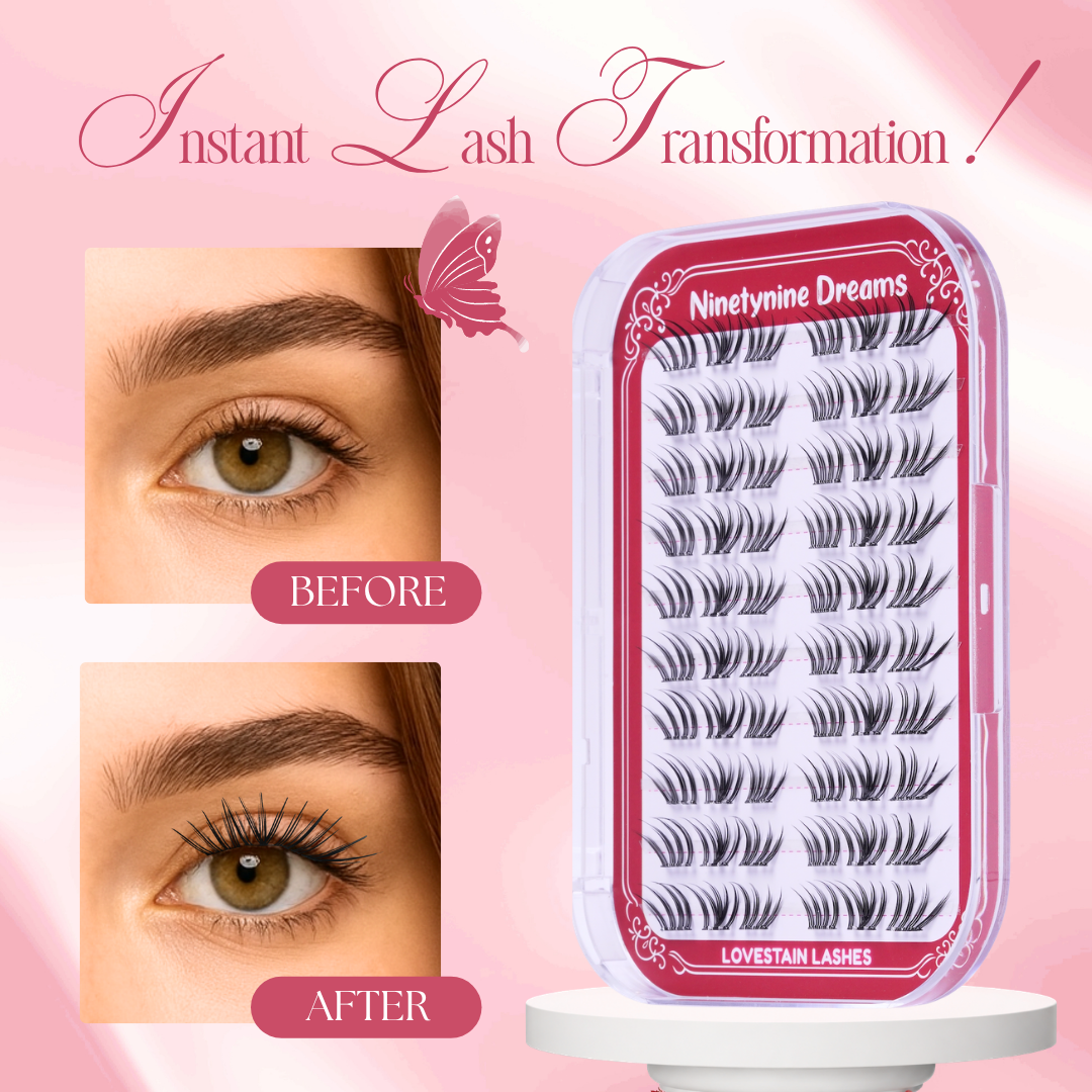 Before and after wearing [NO GLUE] Lovestain self-adhesive cluster lashes alongside the Lovestain lash tray.