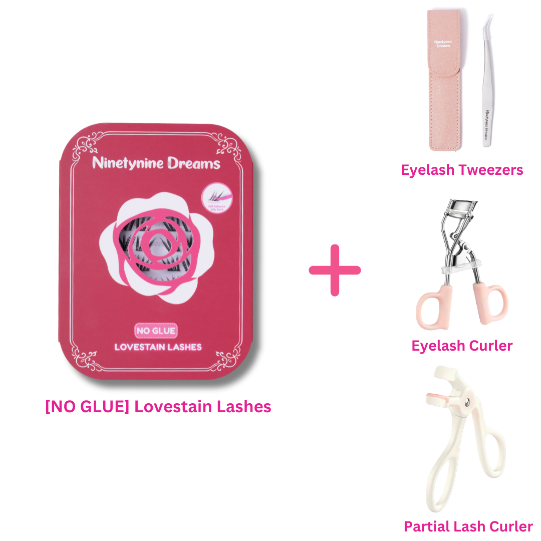 [NO GLUE] Lovestain self-adhesive cluster lashes bundled with eyelash tweezers, an eyelash curler, and a partial eyelash curler.