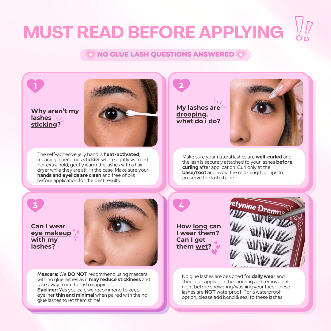 Important tips to read before applying [NO GLUE] Lovestain self-adhesive cluster lashes.