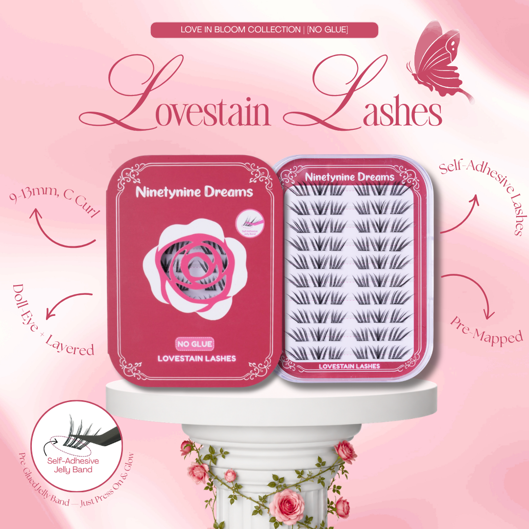 [NO GLUE] Lovestain self-adhesive cluster lashes featuring a lightweight, beginner-friendly, dramatic lash style with a reusable jelly band.