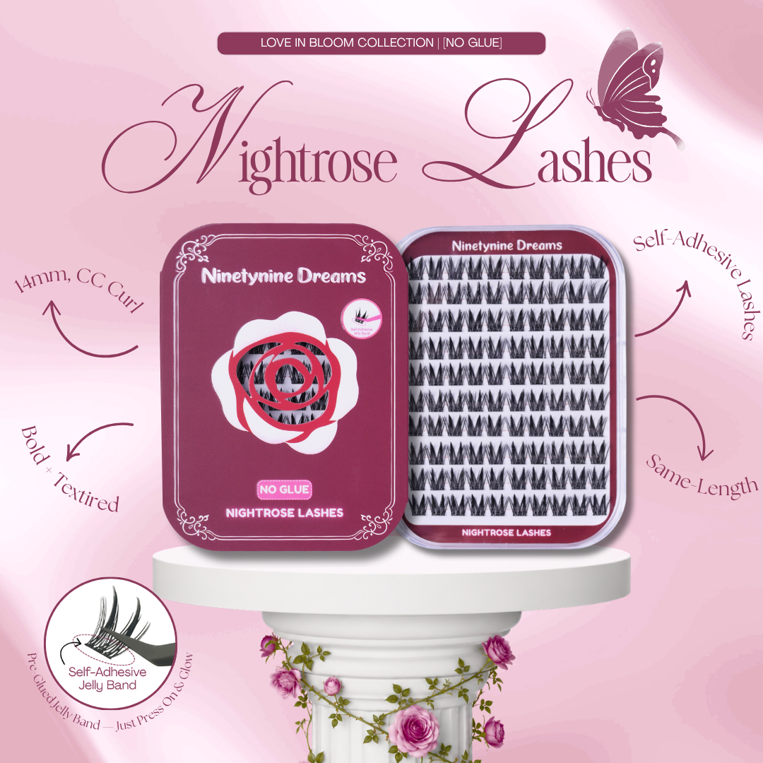 [NO GLUE] Nightrose dramatic wispy self-adhesive cluster lashes for an eye-opening, voluminous lash look with no glue required.