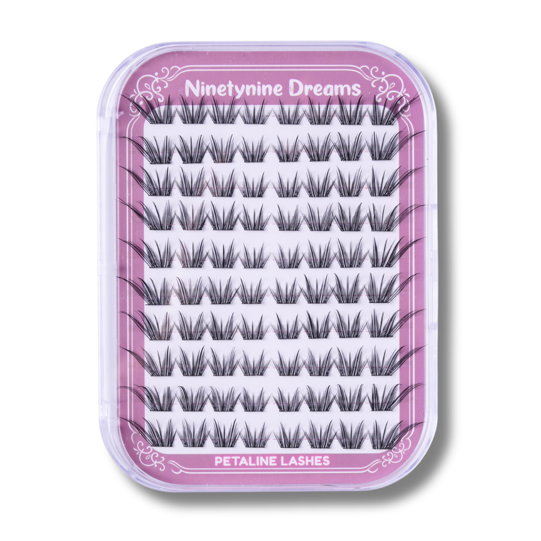 Close-up of the [NO GLUE] Petaline self-adhesive cluster lash tray with pre-mapped lash clusters.