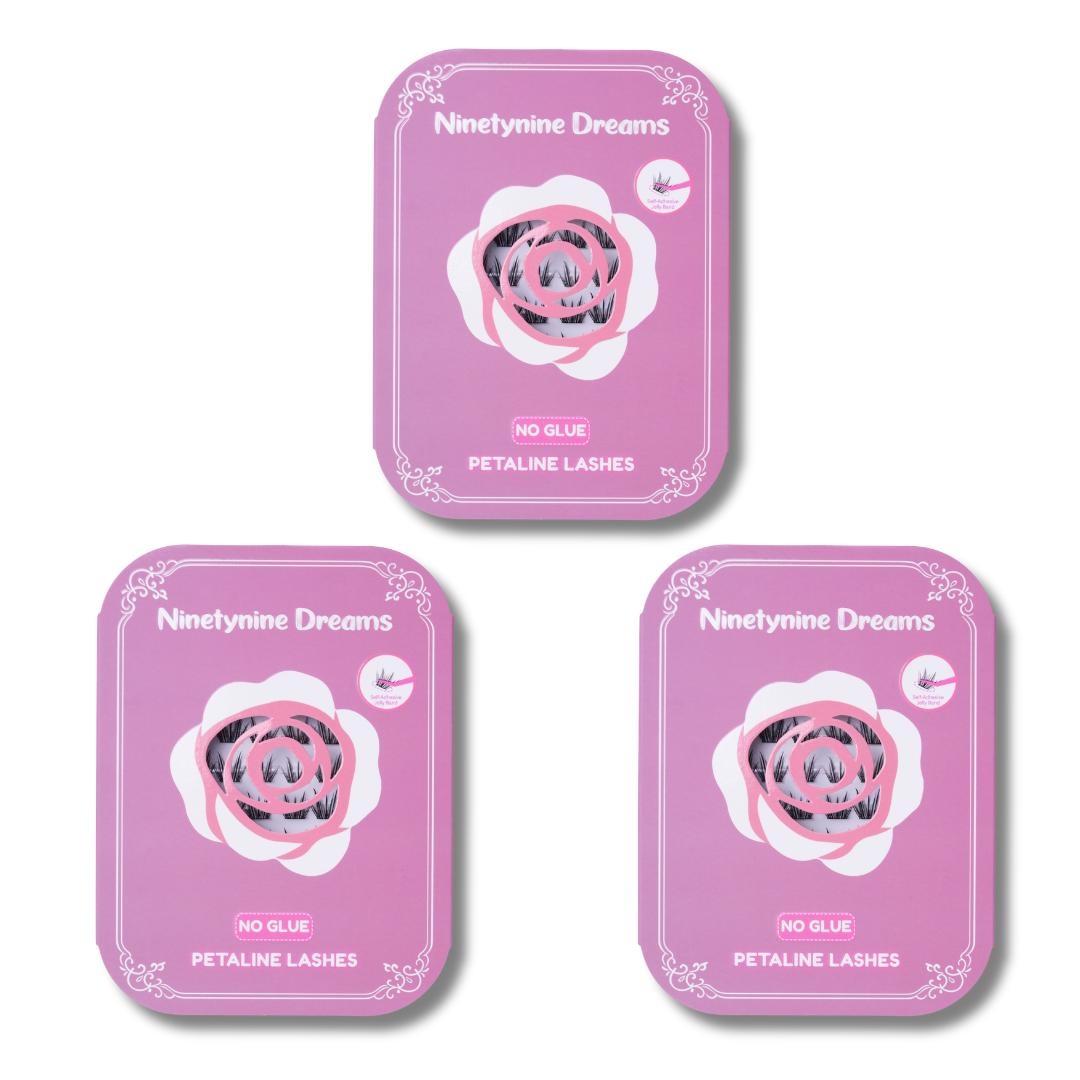 Three-pack bundle of [NO GLUE] Petaline self-adhesive cluster lashes.