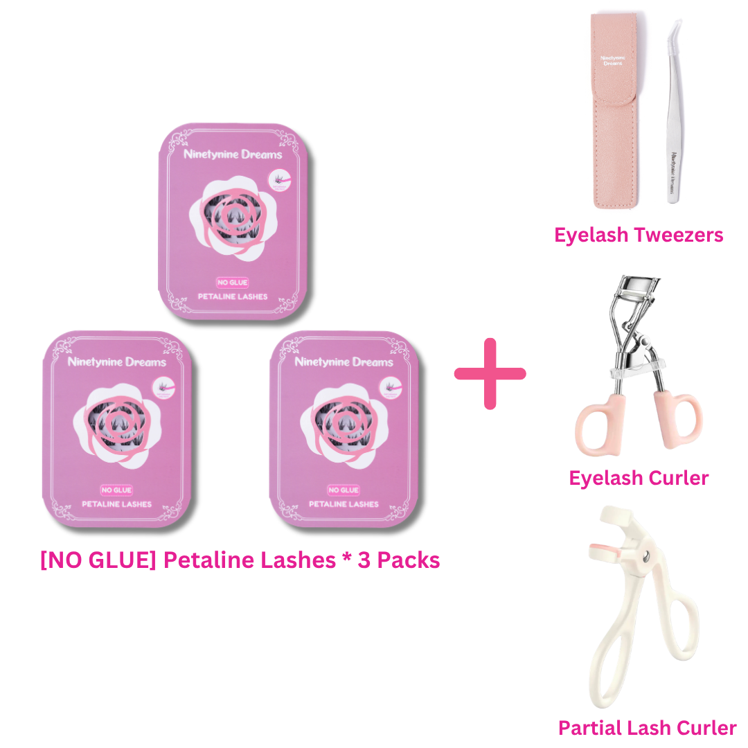 Three-pack bundle of [NO GLUE] Petaline self-adhesive cluster lashes with eyelash tweezers, an eyelash curler, and a partial eyelash curler.