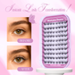 Before and after wearing [NO GLUE] Petaline self-adhesive cluster lashes alongside the Petaline lash tray.
