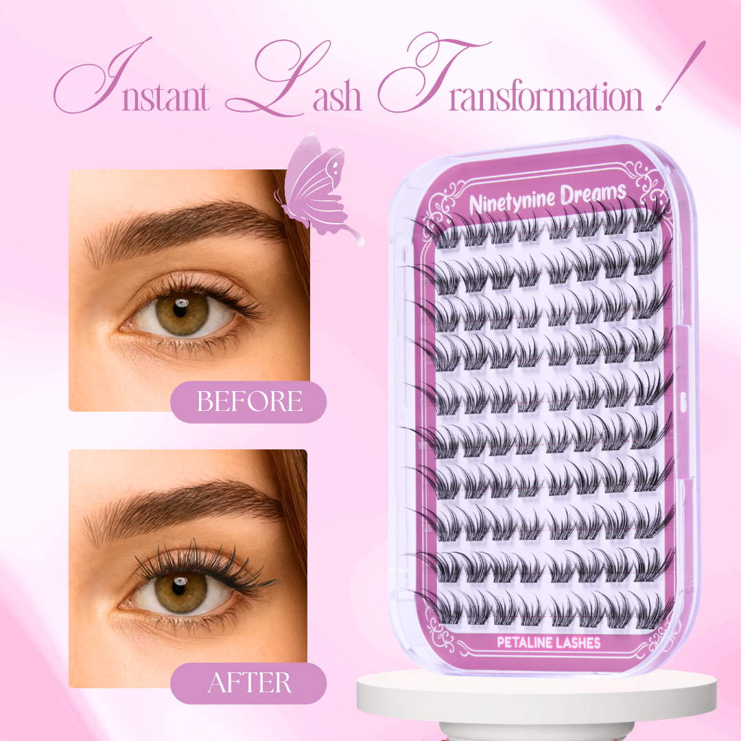 Before and after wearing [NO GLUE] Petaline self-adhesive cluster lashes alongside the Petaline lash tray.