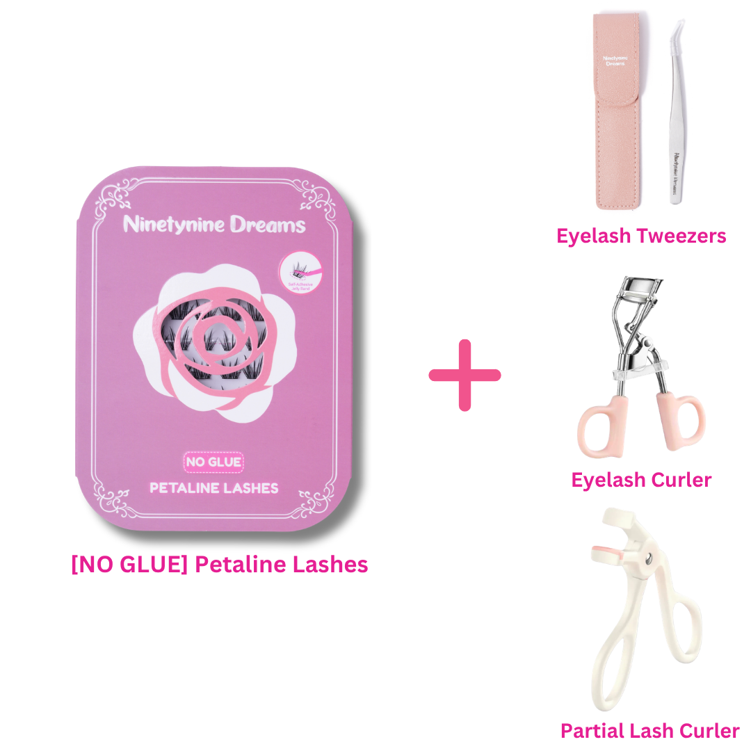 [NO GLUE] Petaline self-adhesive cluster lashes bundled with eyelash tweezers, an eyelash curler, and a partial eyelash curler.
