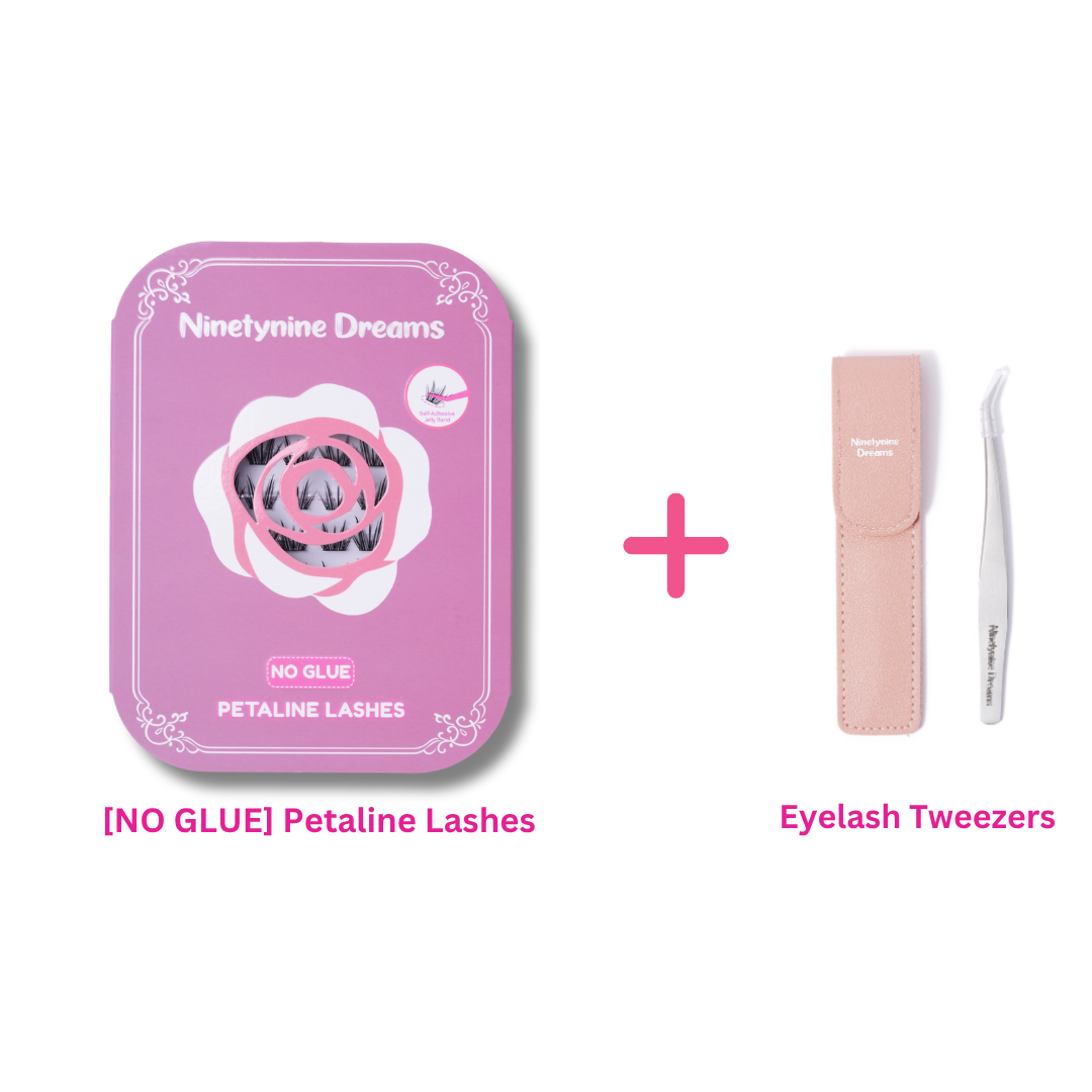 [NO GLUE] Petaline self-adhesive cluster lashes bundled with precision eyelash tweezers.