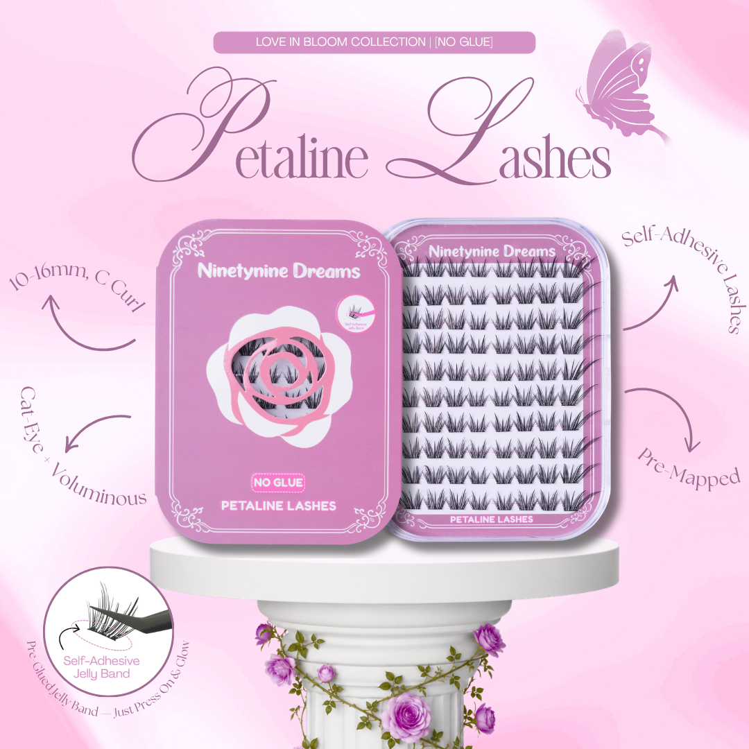 [NO GLUE] Petaline self-adhesive cluster lashes featuring a lightweight, beginner-friendly, dramatic lash style with a reusable jelly band.