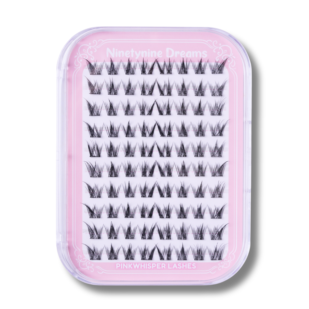 Close-up of the [NO GLUE] Pinkwhisper self-adhesive cluster lash tray with pre-mapped lash clusters.