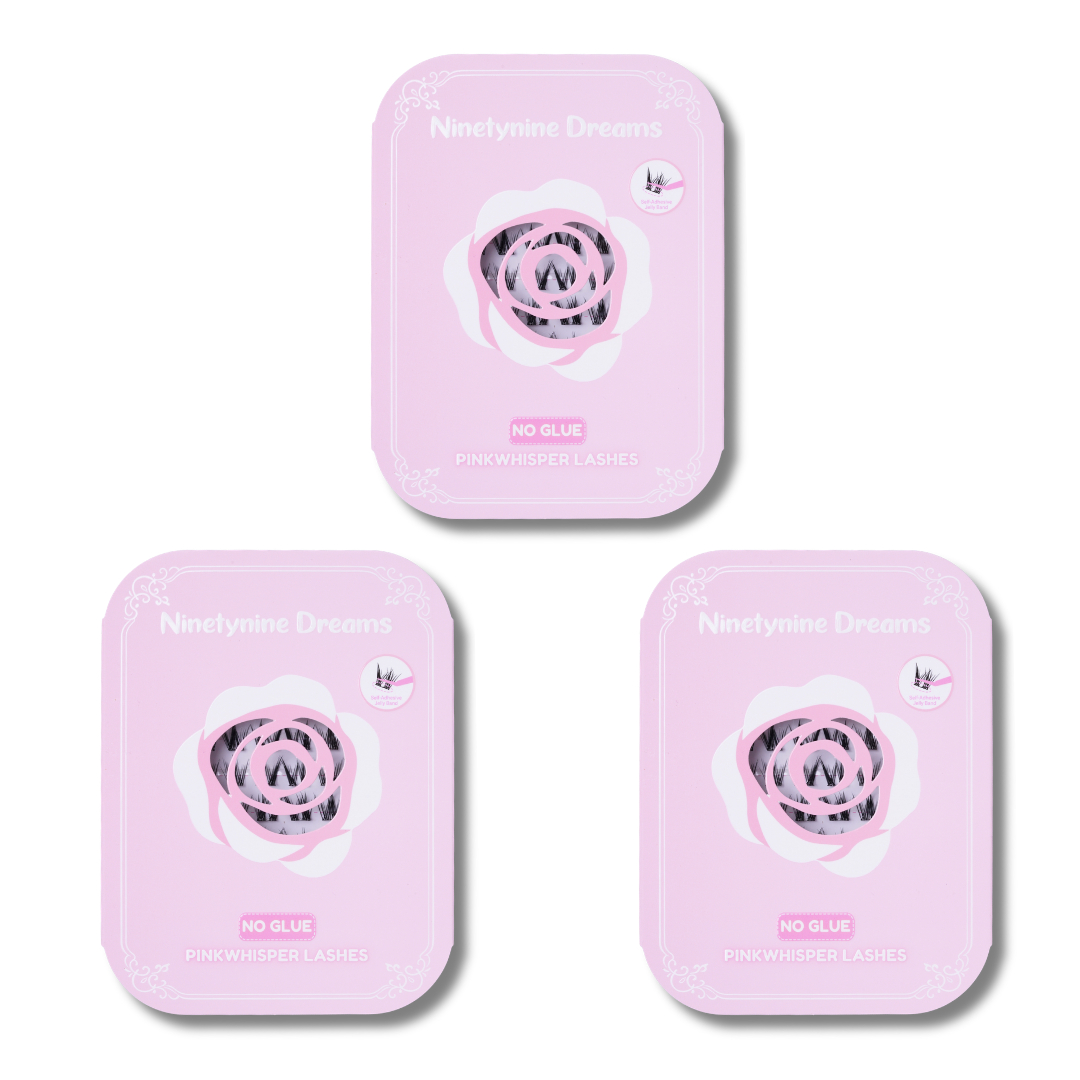 Three-pack bundle of [NO GLUE] Pinkwhisper self-adhesive cluster lashes.