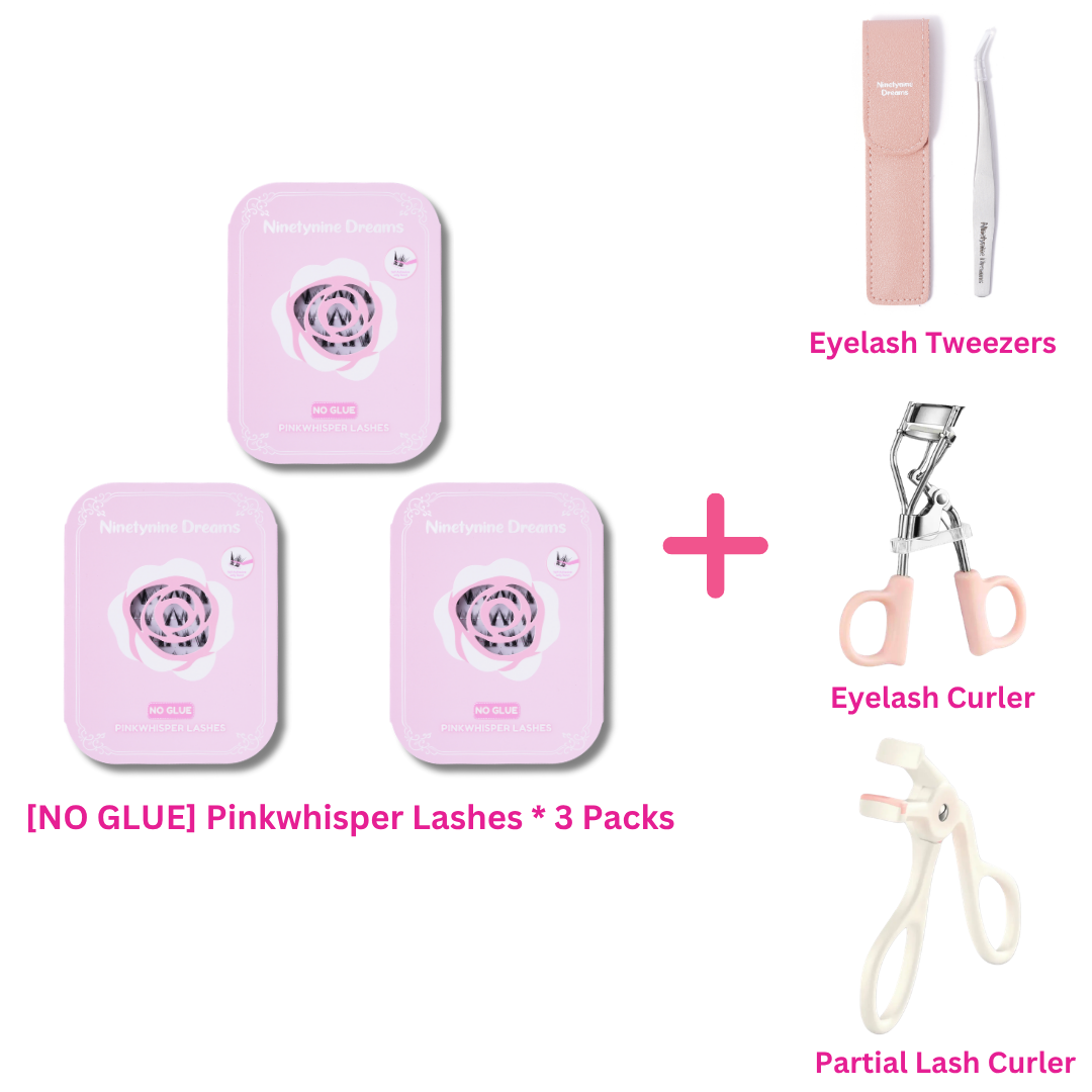 Three-pack bundle of [NO GLUE] Pinkwhisper self-adhesive cluster lashes with eyelash tweezers, an eyelash curler, and a partial eyelash curler.