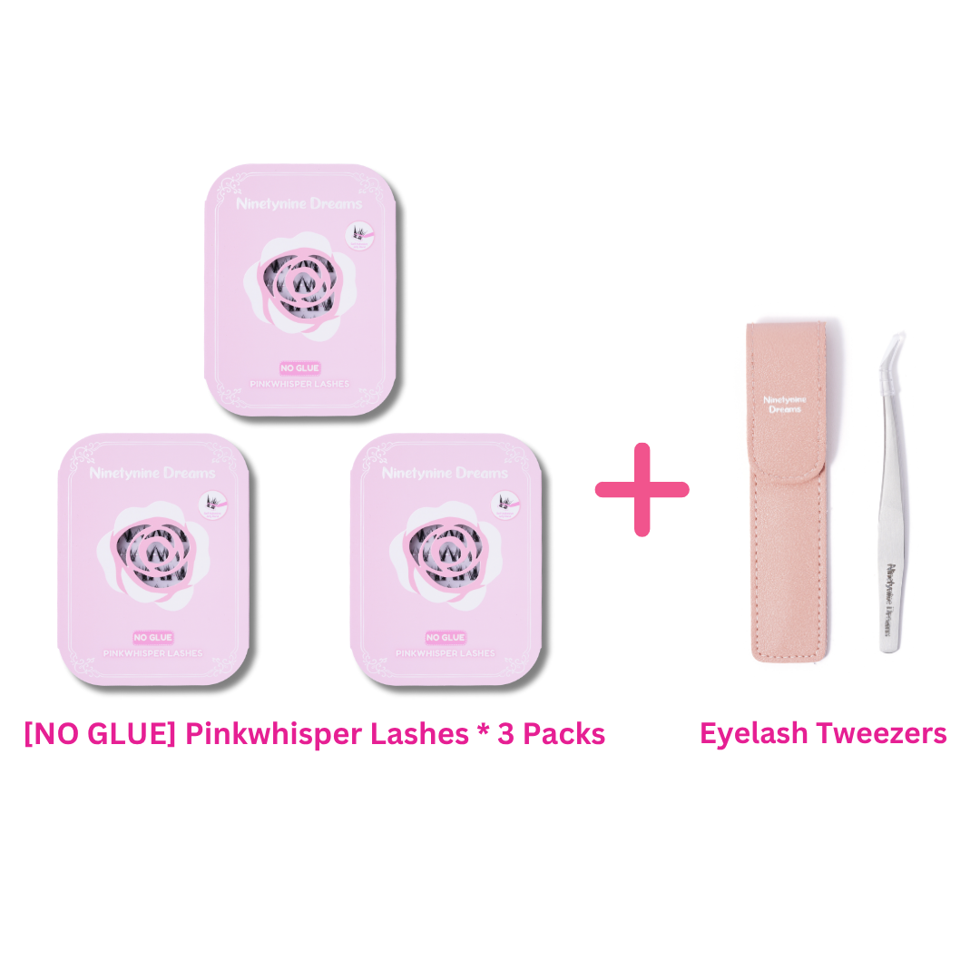 Three-pack bundle of [NO GLUE] Pinkwhisper self-adhesive cluster lashes with precision eyelash tweezers.