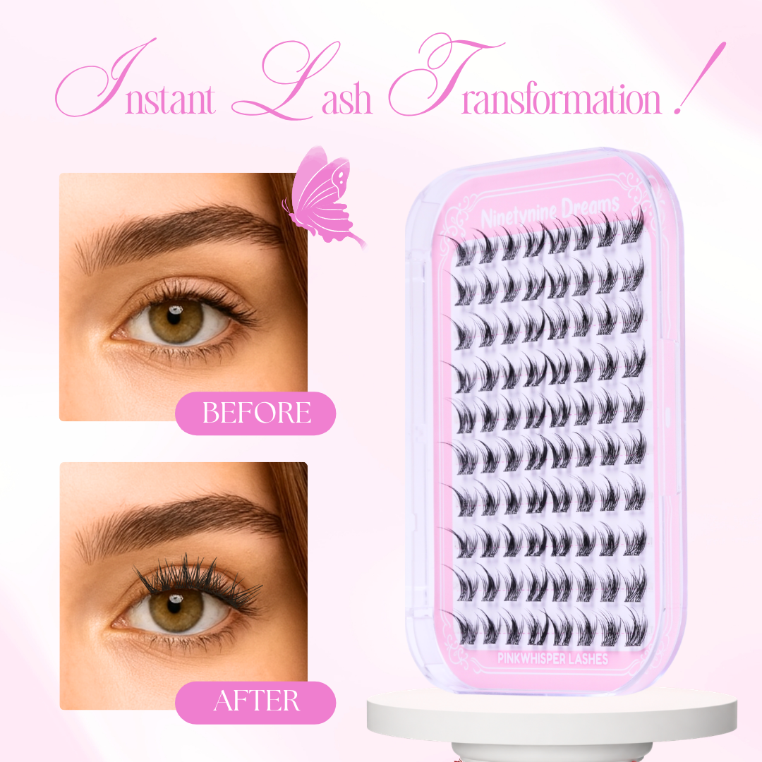 Before and after wearing [NO GLUE] Pinkwhisper self-adhesive cluster lashes alongside the Pinkwhisper lash tray.
