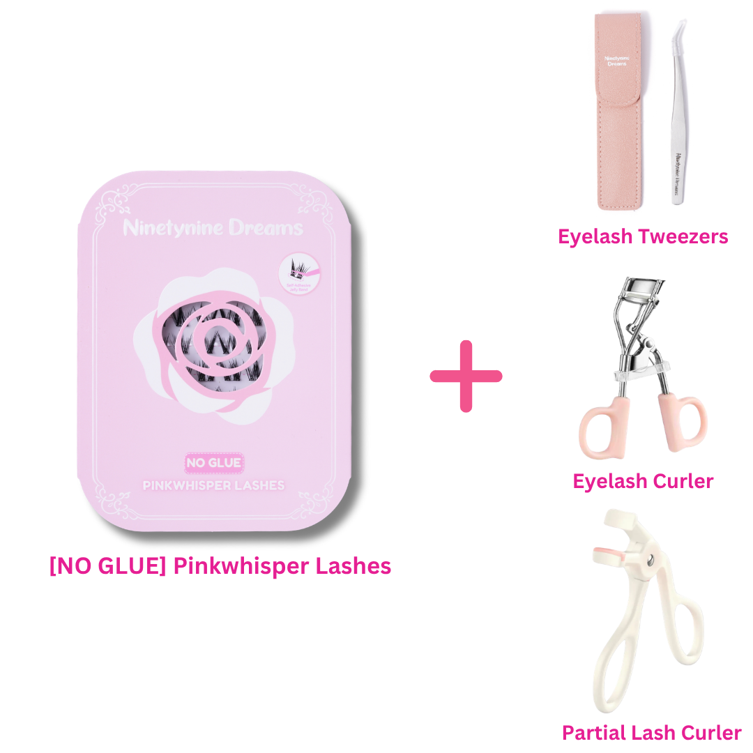 [NO GLUE] Pinkwhisper self-adhesive cluster lashes bundled with eyelash tweezers, an eyelash curler, and a partial eyelash curler.