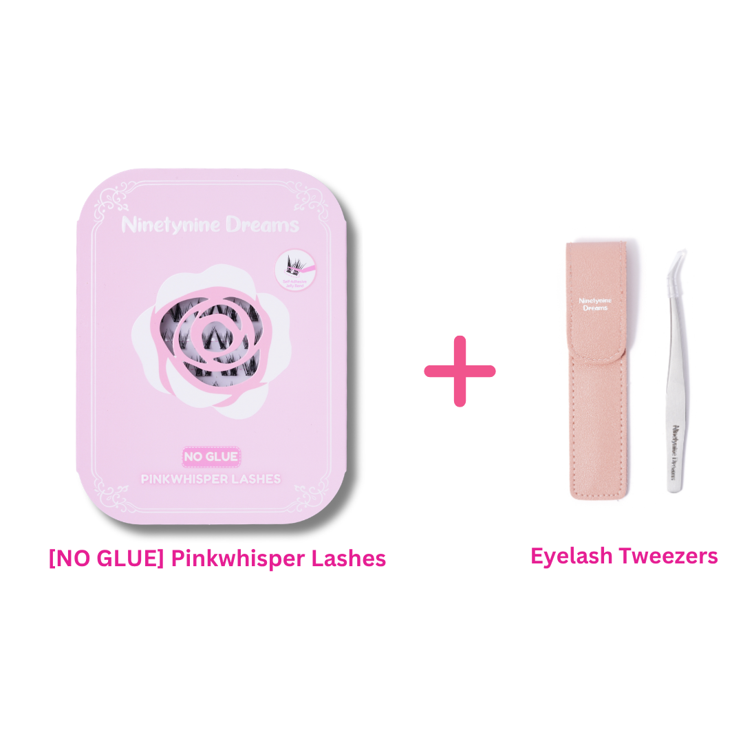 [NO GLUE] Pinkwhisper self-adhesive cluster lashes bundled with precision eyelash tweezers.
