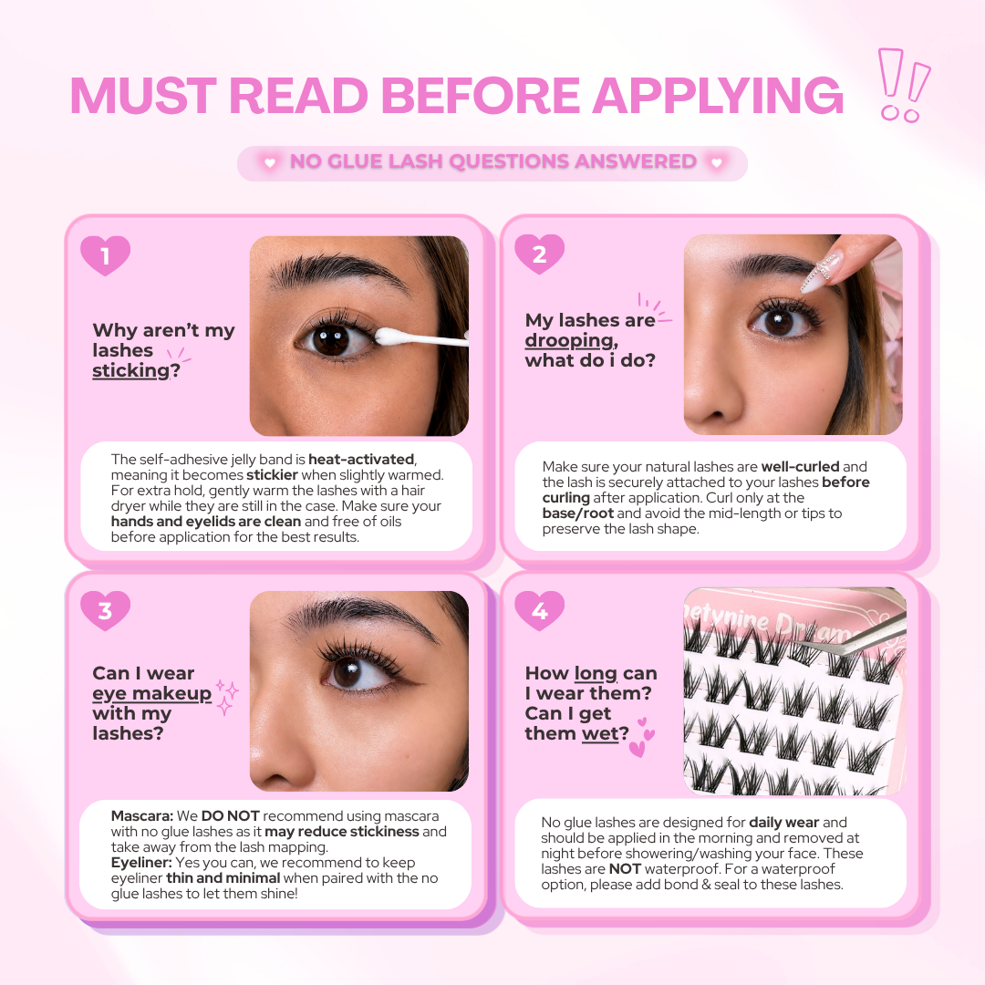 Important tips to read before applying [NO GLUE] Pinkwhisper self-adhesive cluster lashes.
