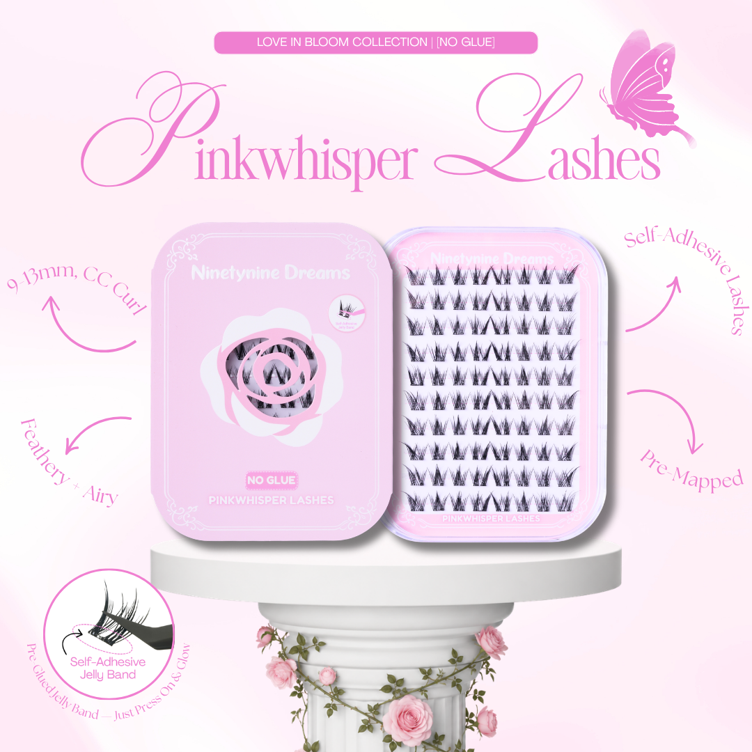 [NO GLUE] Pinkwhisper self-adhesive cluster lashes featuring a lightweight, beginner-friendly, dramatic lash style with a reusable jelly band.