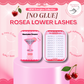 Features and benefits of No Glue Rosea Lower Lashes including self-adhesive technology and easy application