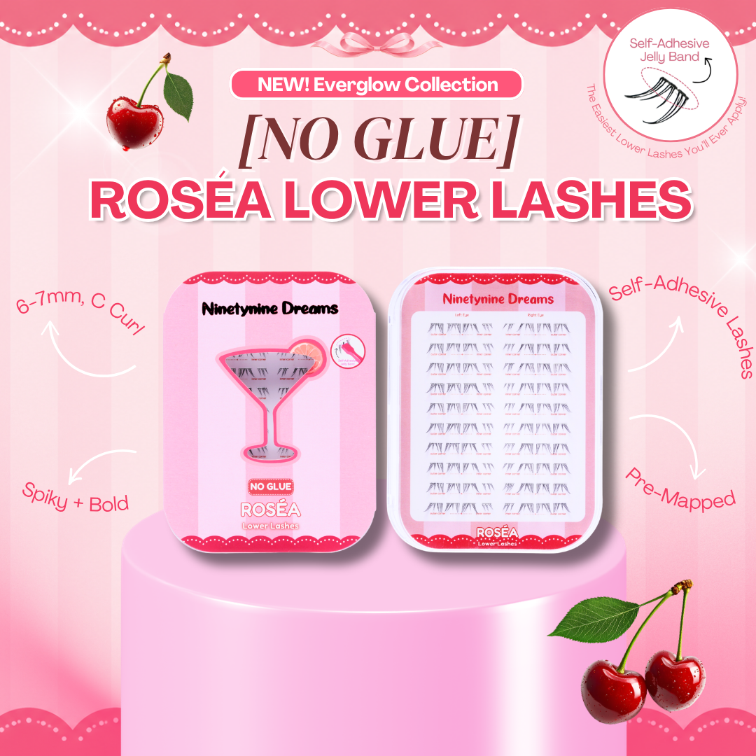 Features and benefits of No Glue Rosea Lower Lashes including self-adhesive technology and easy application