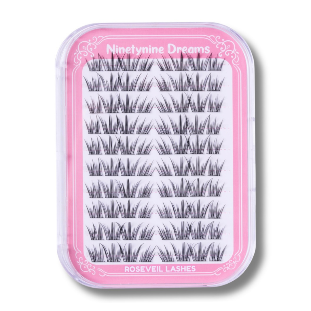 Close-up of the [NO GLUE] Roseveil self-adhesive cluster lash tray with pre-mapped lash clusters.