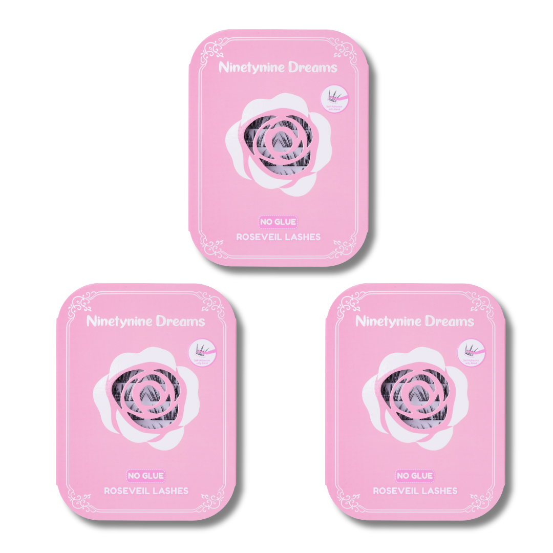 Three-pack bundle of [NO GLUE] Roseveil self-adhesive cluster lashes.