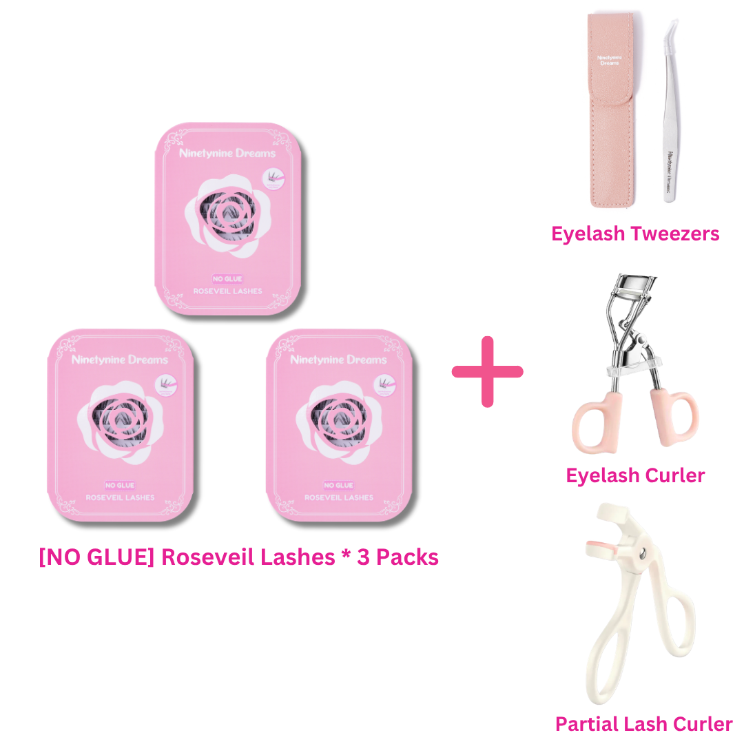 Three-pack bundle of [NO GLUE] Roseveil self-adhesive cluster lashes with eyelash tweezers, an eyelash curler, and a partial eyelash curler.