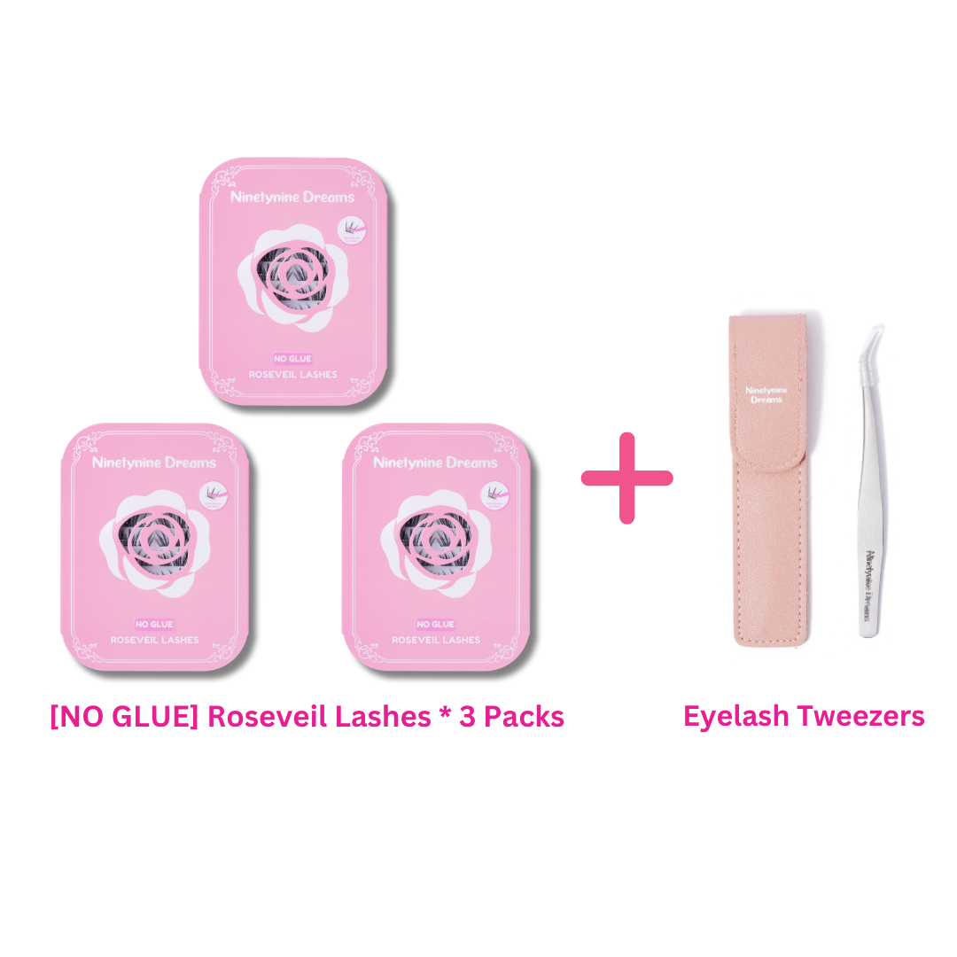 Three-pack bundle of [NO GLUE] Roseveil self-adhesive cluster lashes with precision eyelash tweezers.