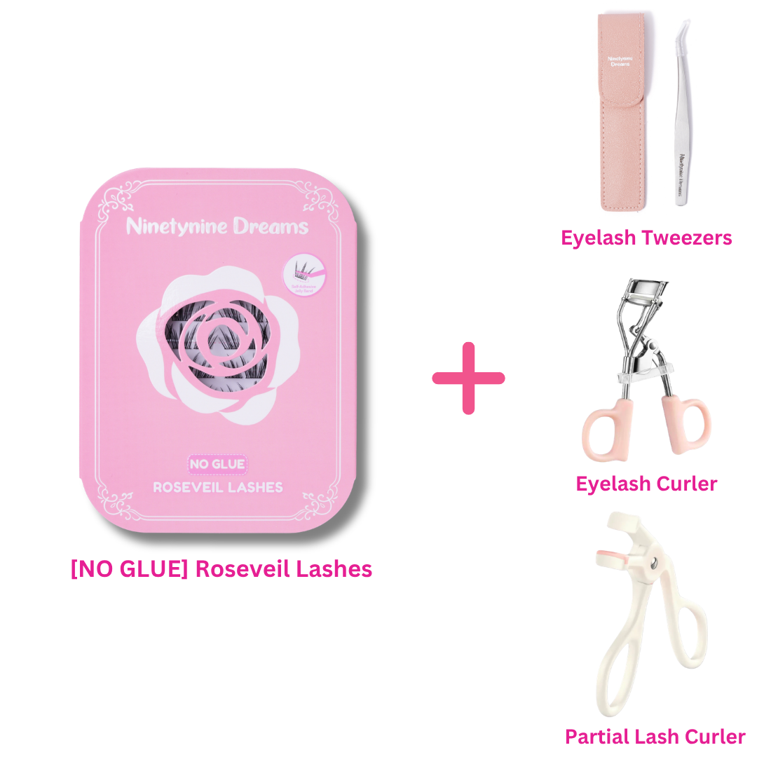 [NO GLUE] Roseveil self-adhesive cluster lashes bundled with eyelash tweezers, an eyelash curler, and a partial eyelash curler.