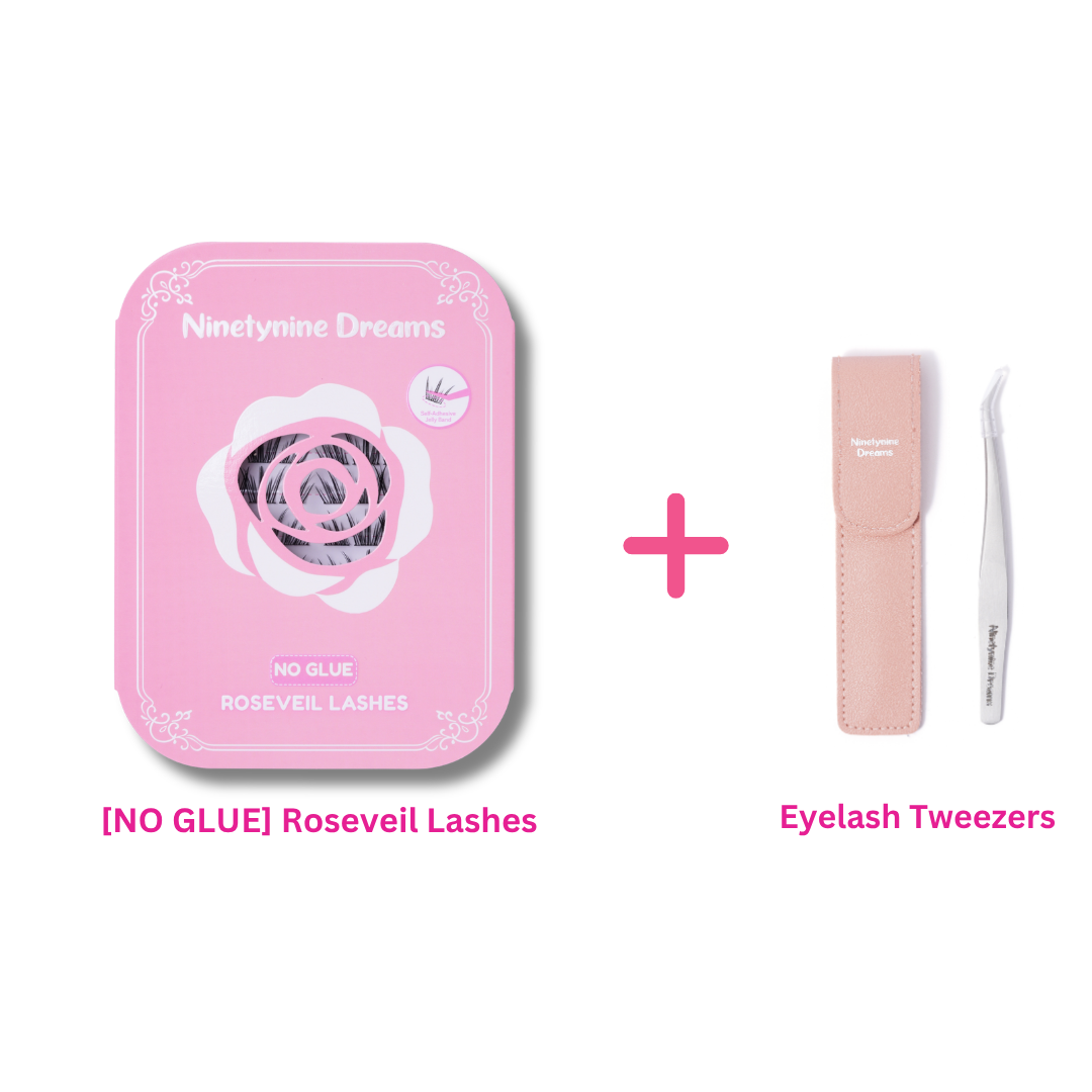 [NO GLUE] Roseveil self-adhesive cluster lashes bundled with precision eyelash tweezers.