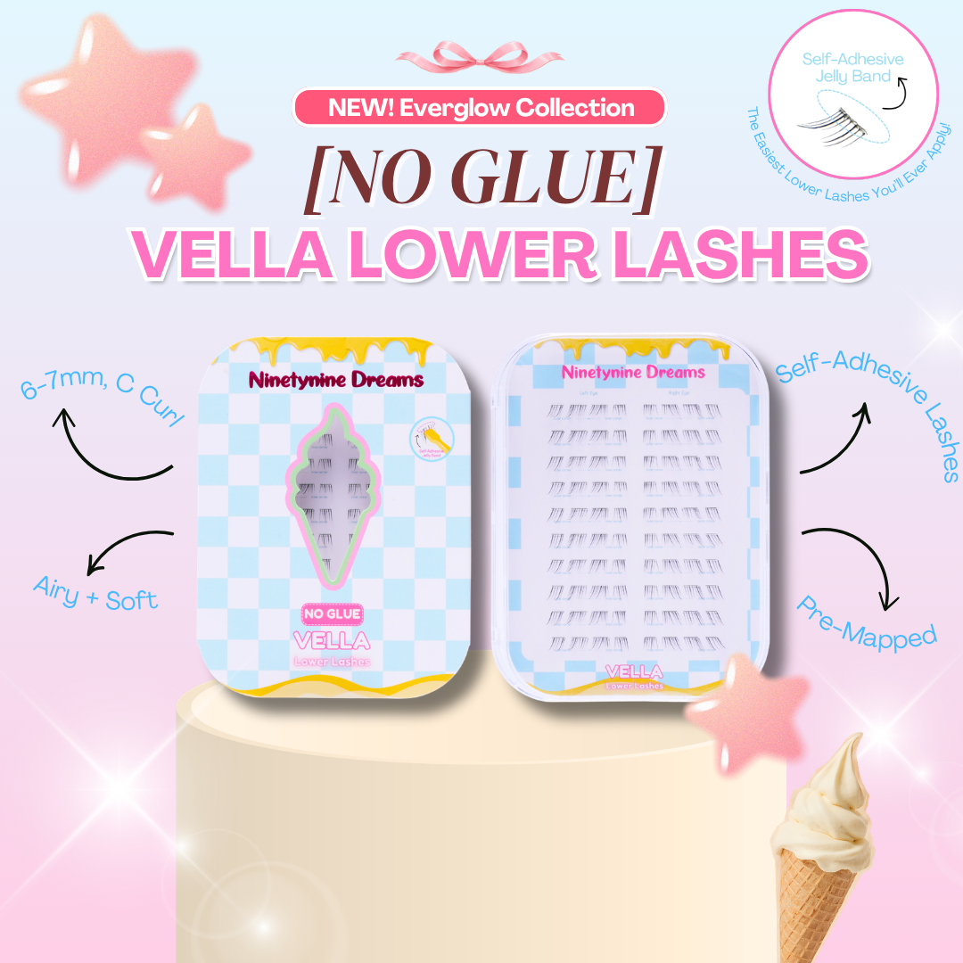 Features and benefits of No Glue Vella Lower Lashes including self-adhesive technology, lightweight comfort, and reusable wear