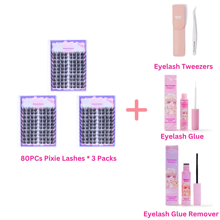 Pixie Lashes 3-pack bundle with tweezers, lash glue, and remover for DIY lash application.