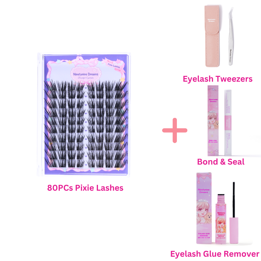 Pixie Lashes with bond and seal, tweezers, and lash remover for long-lasting DIY lash extensions.