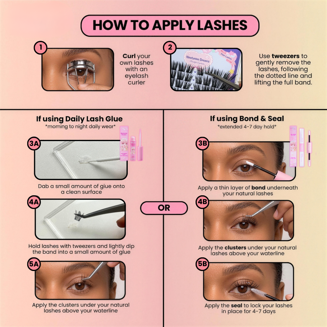 Step-by-step tutorial showing how to apply Pixie DIY lash clusters with bond and seal.