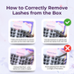 Step-by-step guide showing how to correctly remove Pixie Lashes from the tray without damaging the lash band.