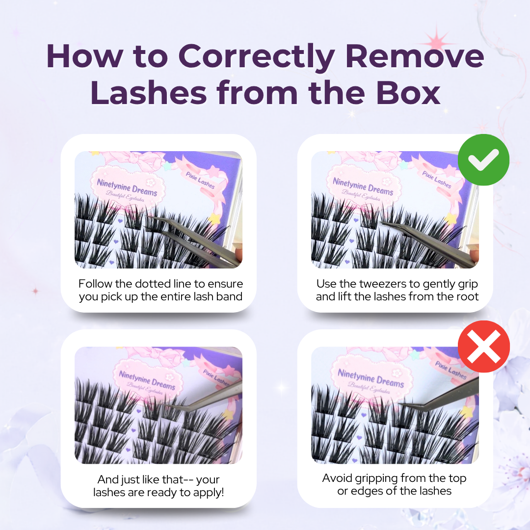Step-by-step guide showing how to correctly remove Pixie Lashes from the tray without damaging the lash band.