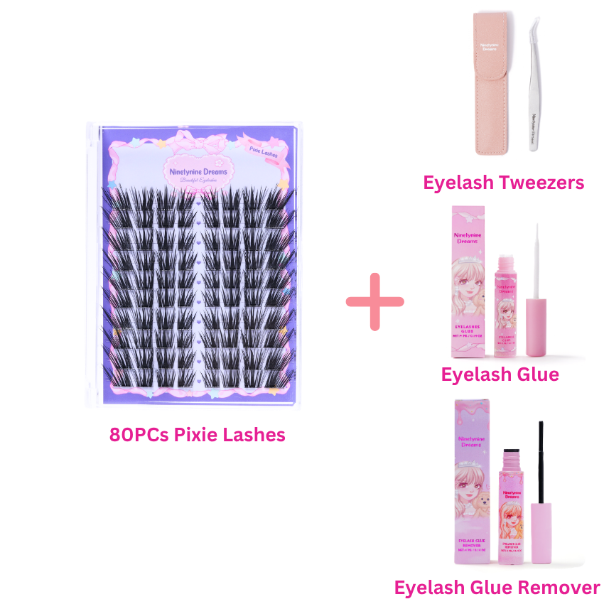 Pixie lash kit including DIY lash clusters, tweezers, eyelash glue, and lash remover.