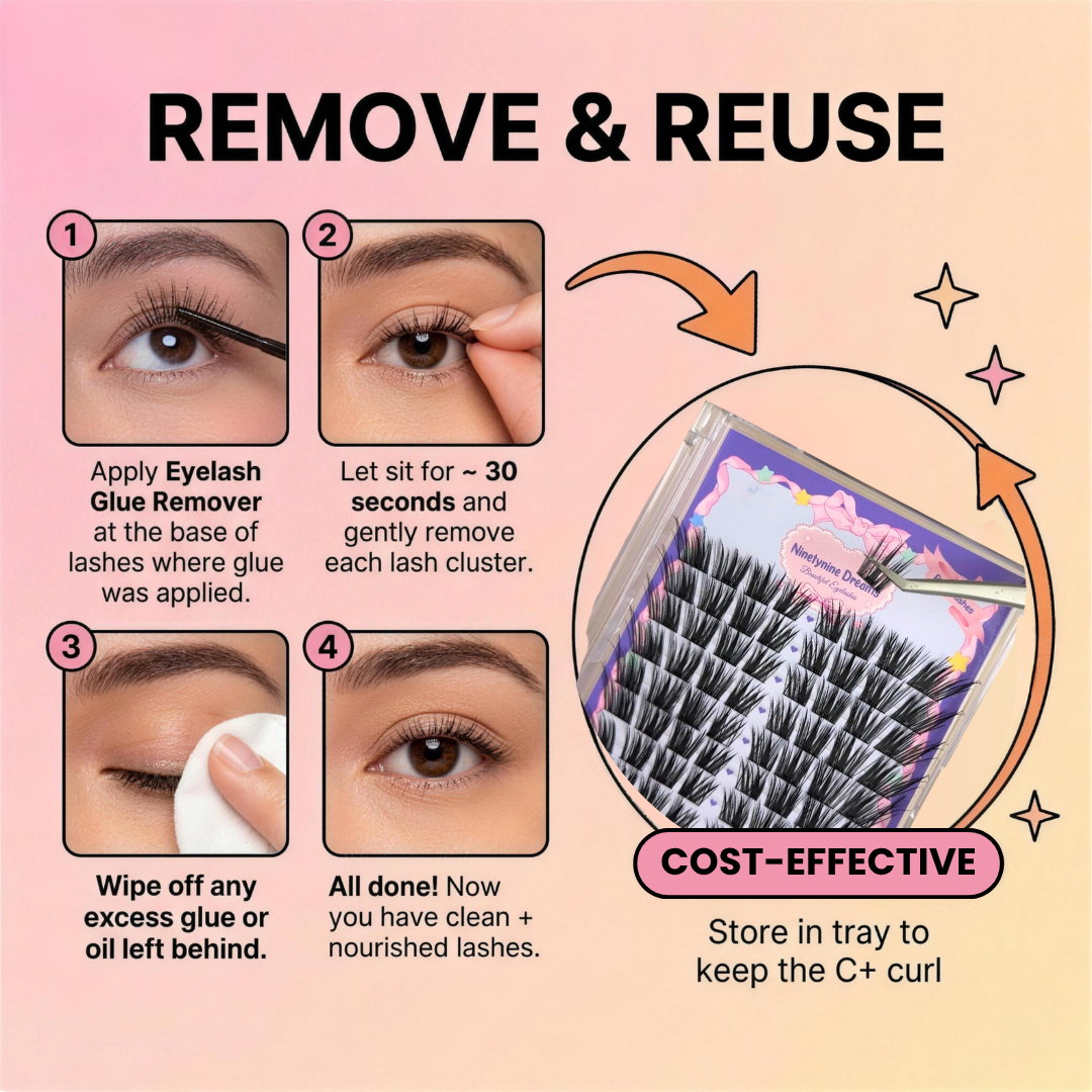 Guide showing how to safely remove, clean, and reuse Pixie lash clusters for multiple wears.