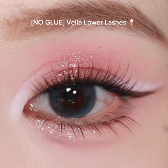 Close-up of Vella No Glue Lower Lashes applied for a soft, natural lower lash enhancement.