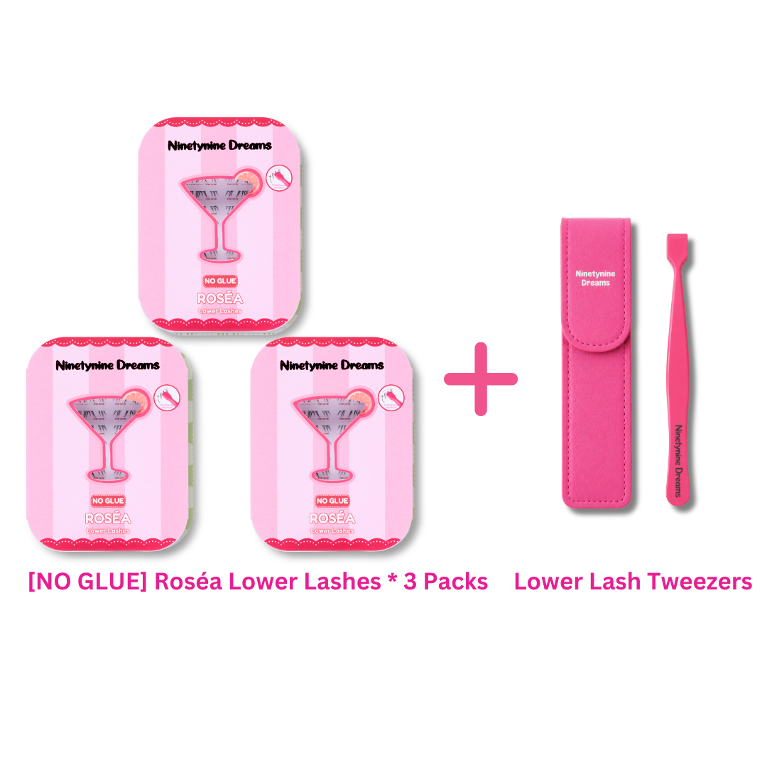 No Glue Rosea Lower Lashes three-pack bundle including lash tweezers