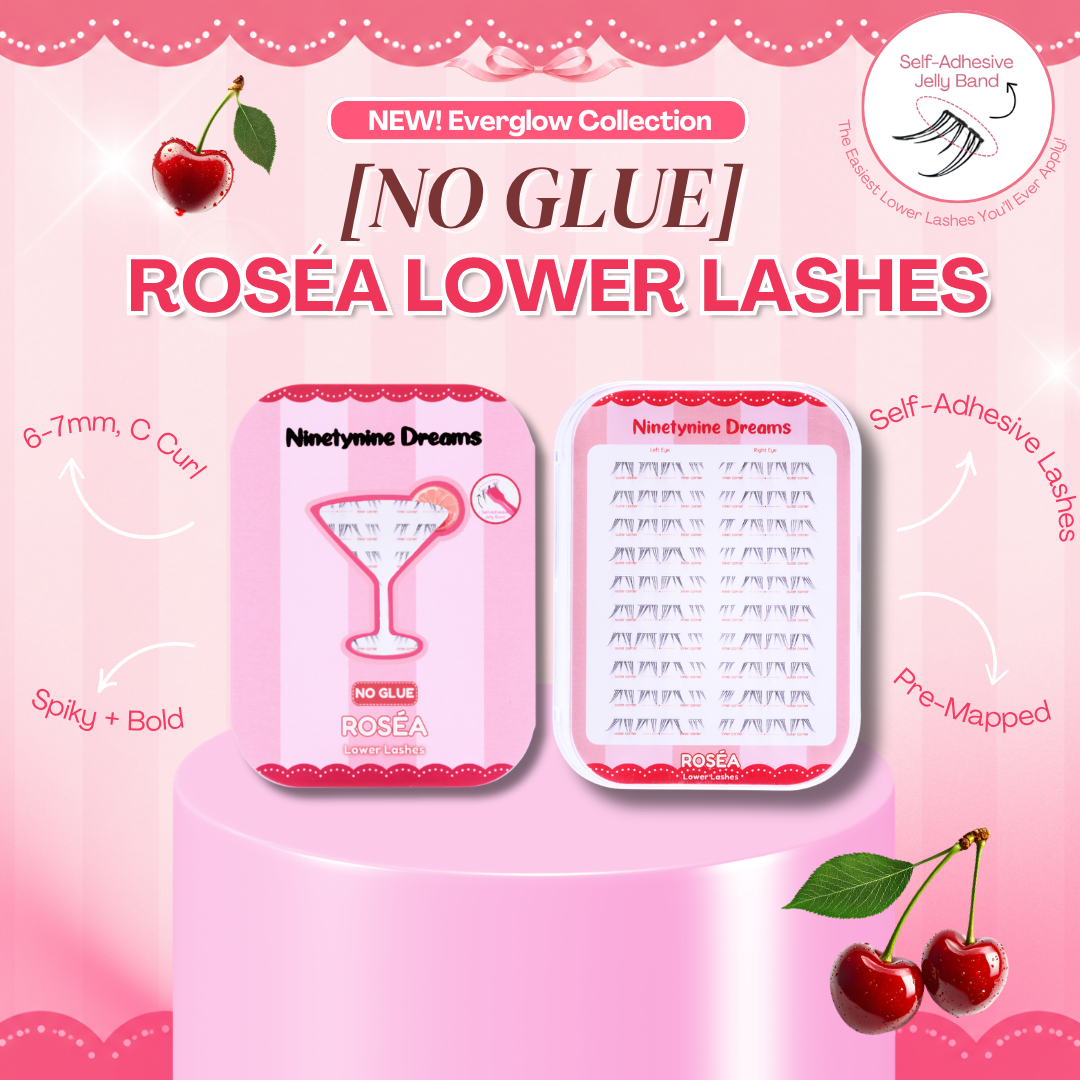 Roséa No Glue Lower Lashes overview showing lash style, reusable lash bands, and product details.