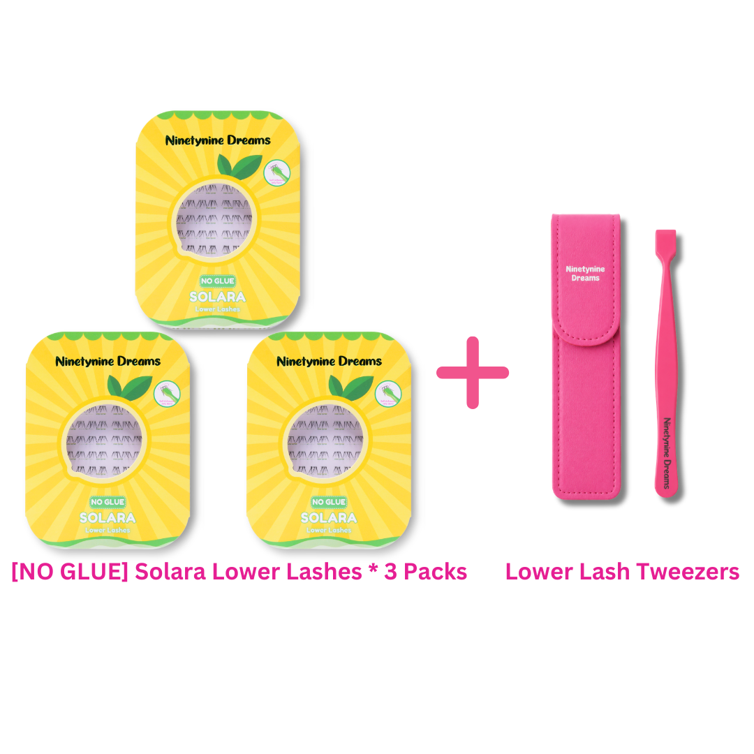 No Glue Solara Lower Lashes three-pack bundle with lash tweezers