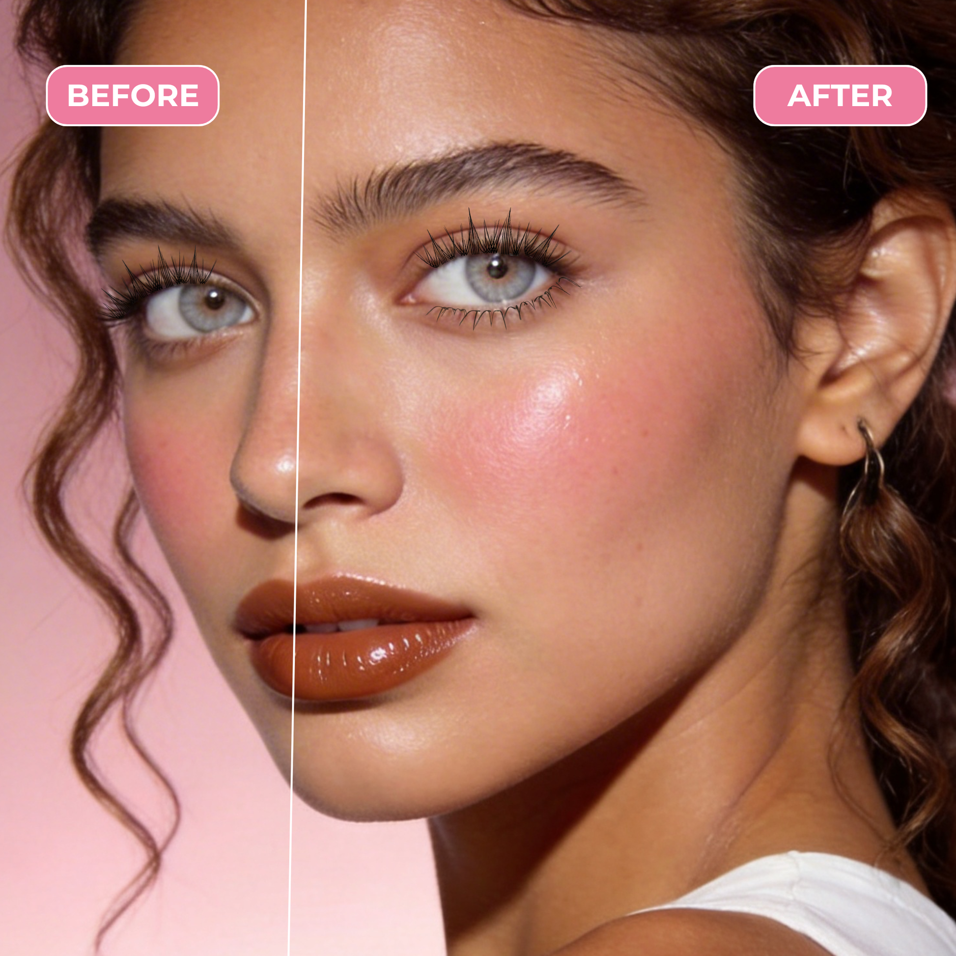 Before and after results showing enhanced eye definition with Solara Lower Lashes