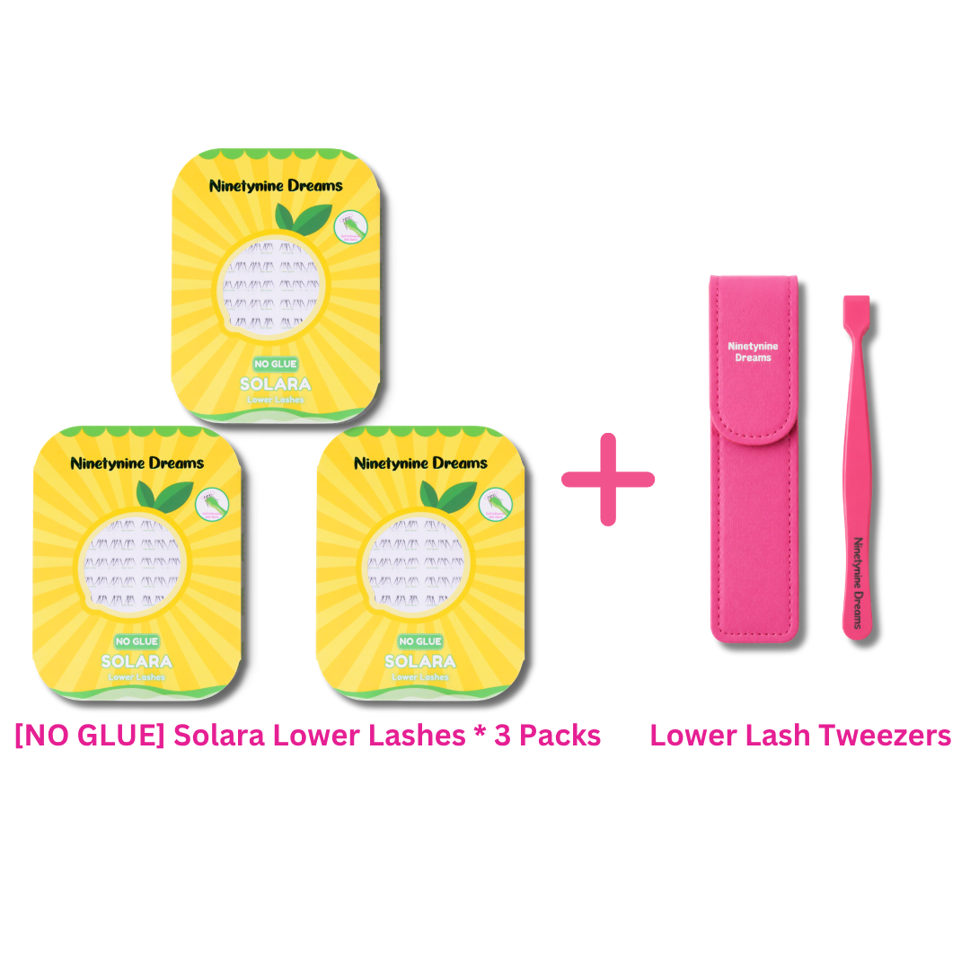 Three-pack bundle of Solara No Glue Lower Lashes with precision lash tweezers.