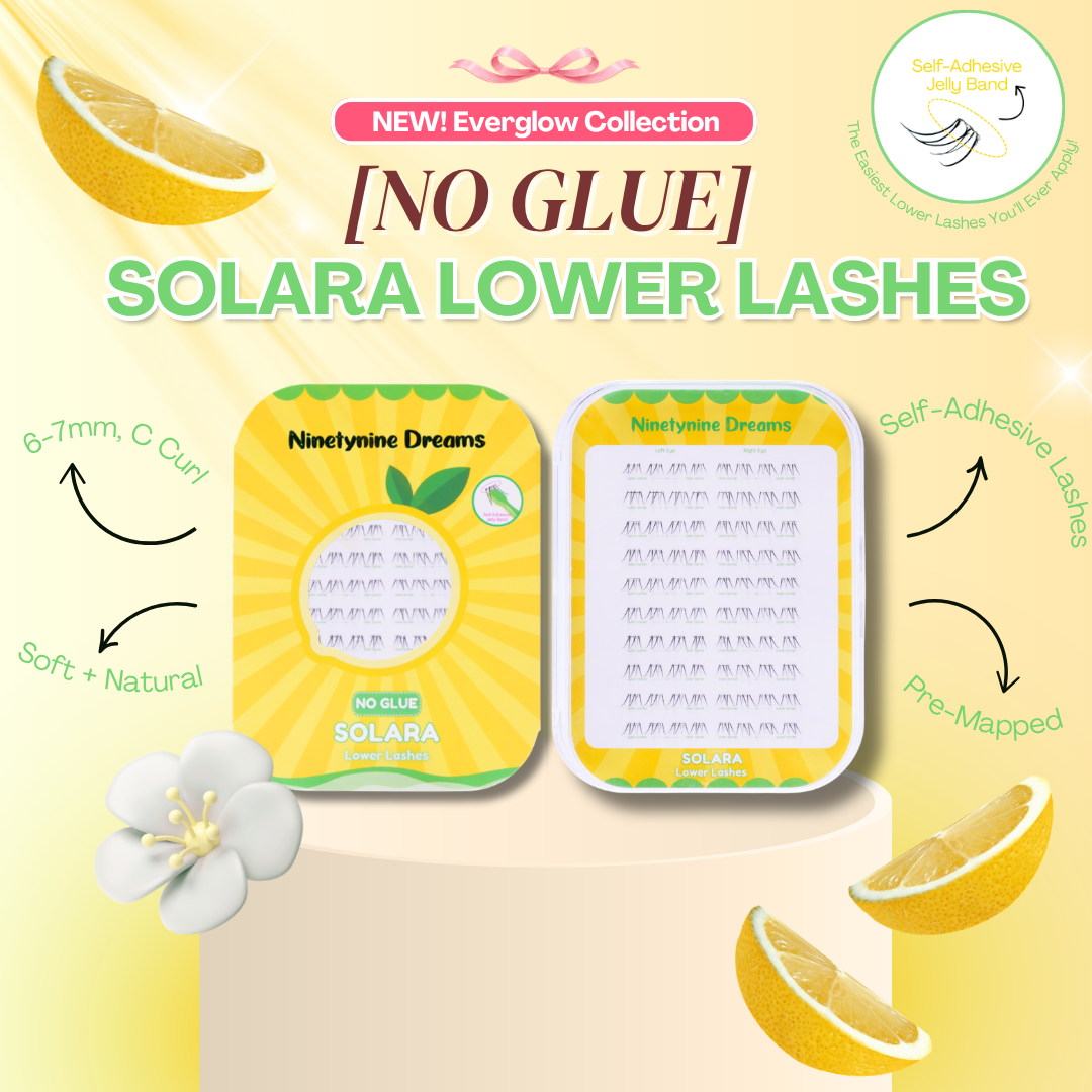 Solara No Glue Lower Lashes overview showing lash style, reusable lash bands, and product details.